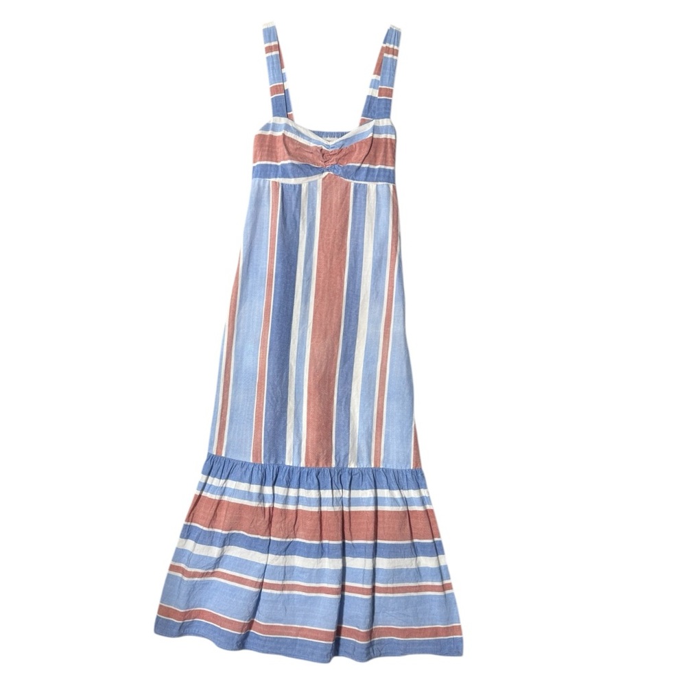 ZARA Blue Brown Striped Sleeveless Ruffle Hem Linen Viscose Summer Midi Dress - Picture 5 of 7